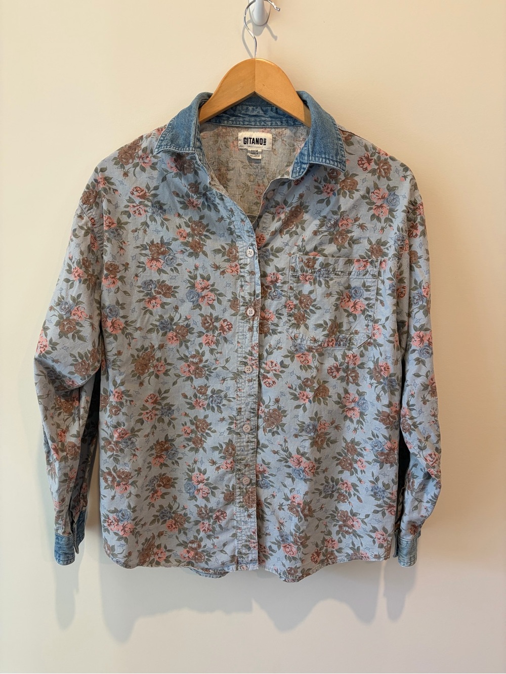 Gitano Floral Denim Button-Up Shirt M 1980s